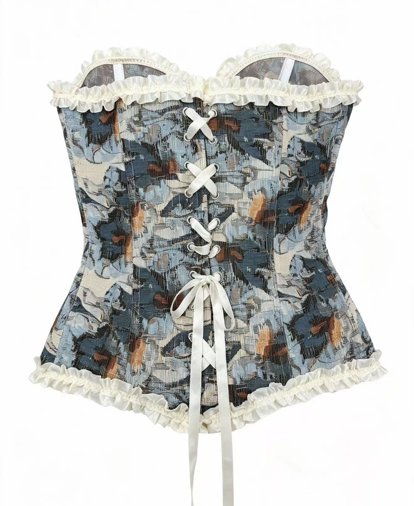 Women Tapestry Print Corset Top Ruffle Trim Lace Up Bodycon Shaping Bustier Top